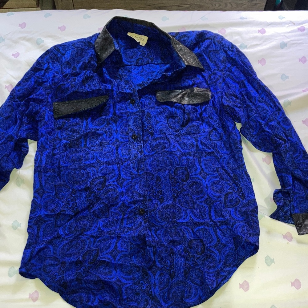 Santini Men's Blue Paisley Shirt with Black Accents